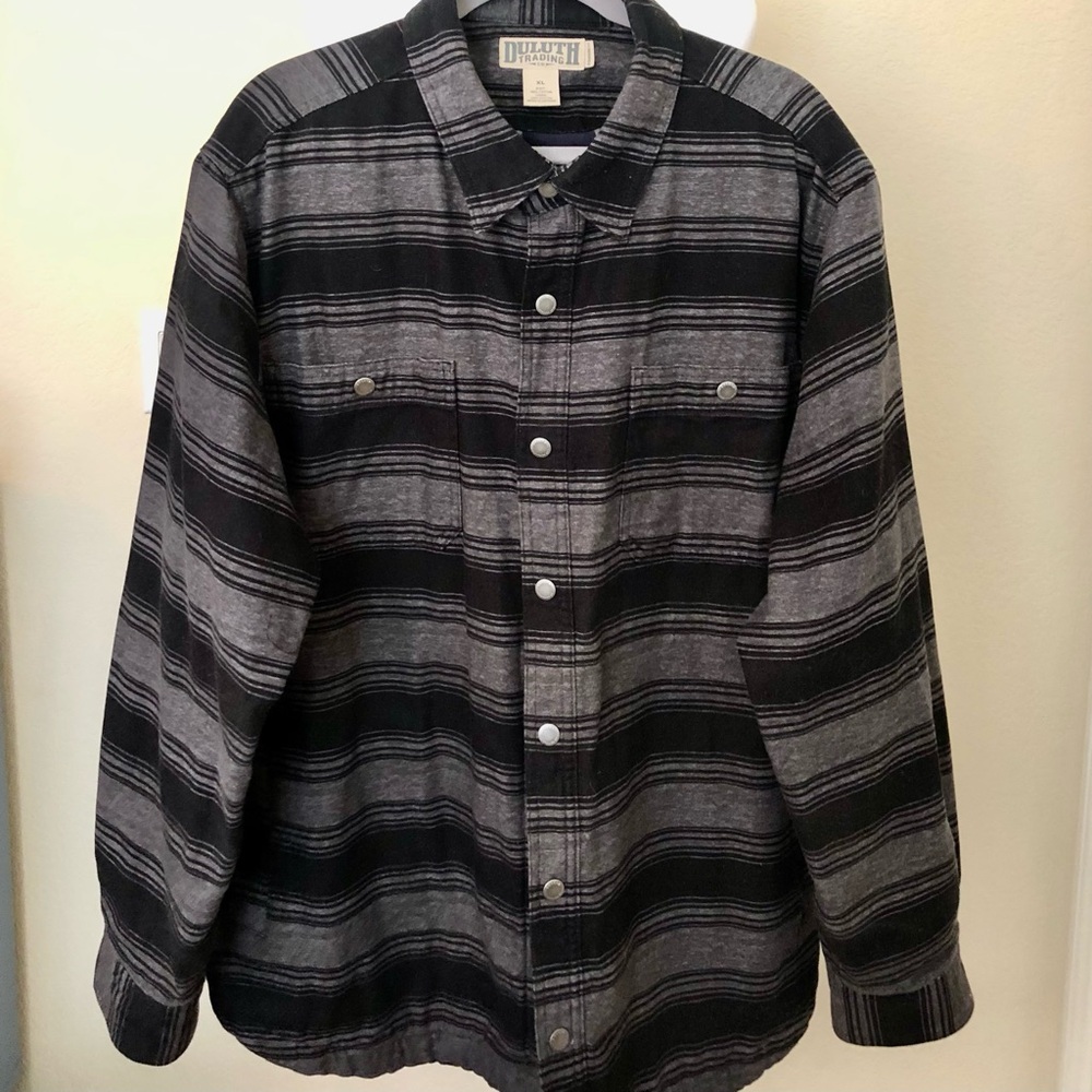 Duluth Black and Gray Striped Button-Up ( Snaps) Shirt/Jacket